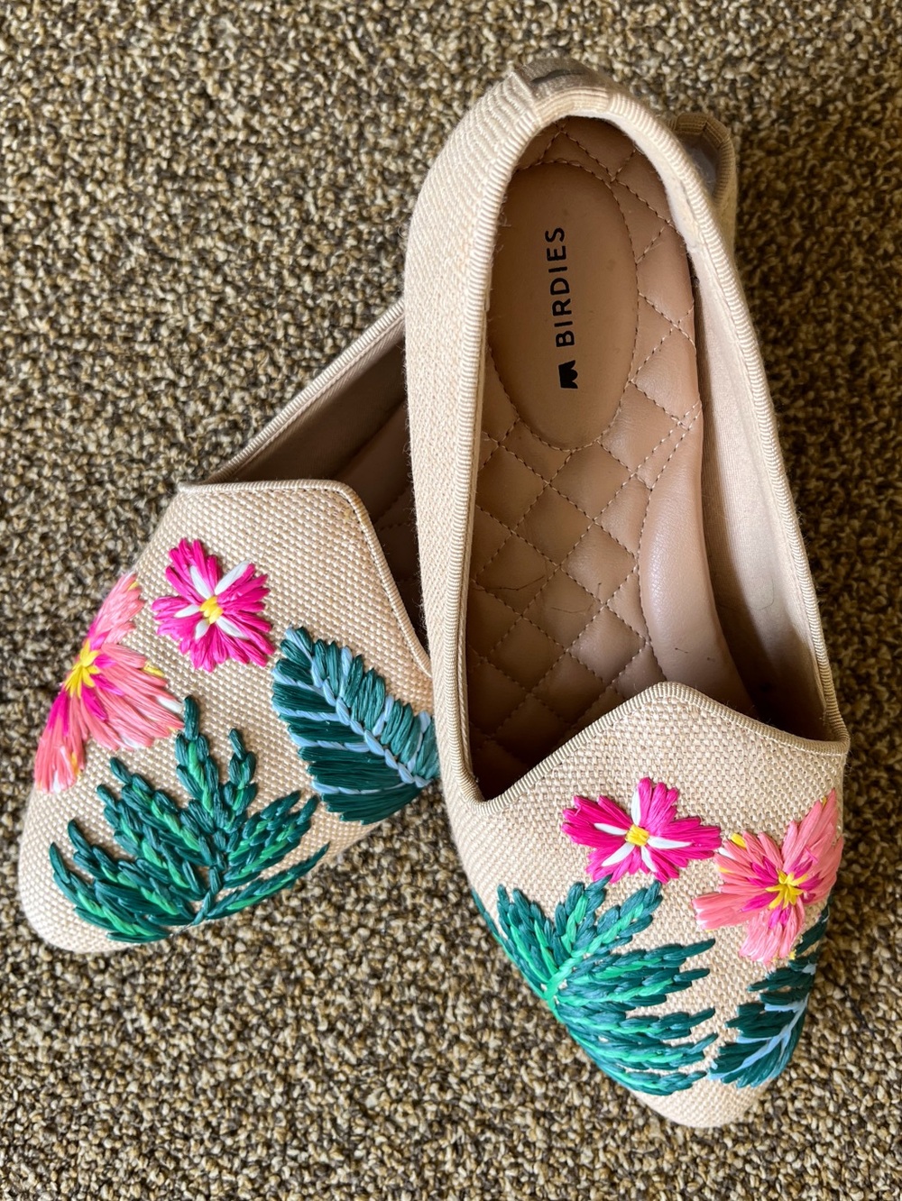 Birdies The Heron raffia embroidered tropical floral flats loafers